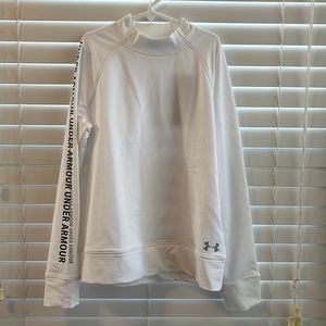 The brand is Under Armour. The size is YL. White sweatshirt.